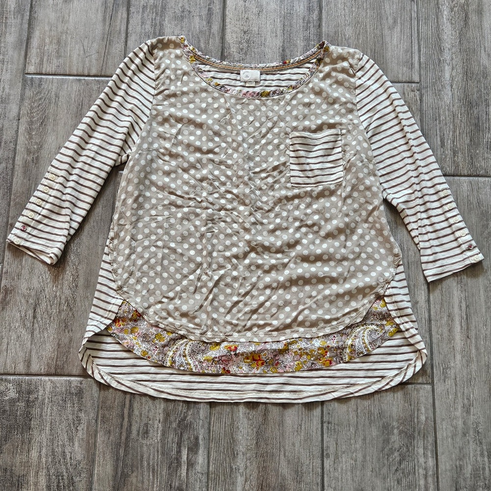 Anthropologie Postmark Mixed Media Top Size L Polka Dot Stripe Boho Blouse
